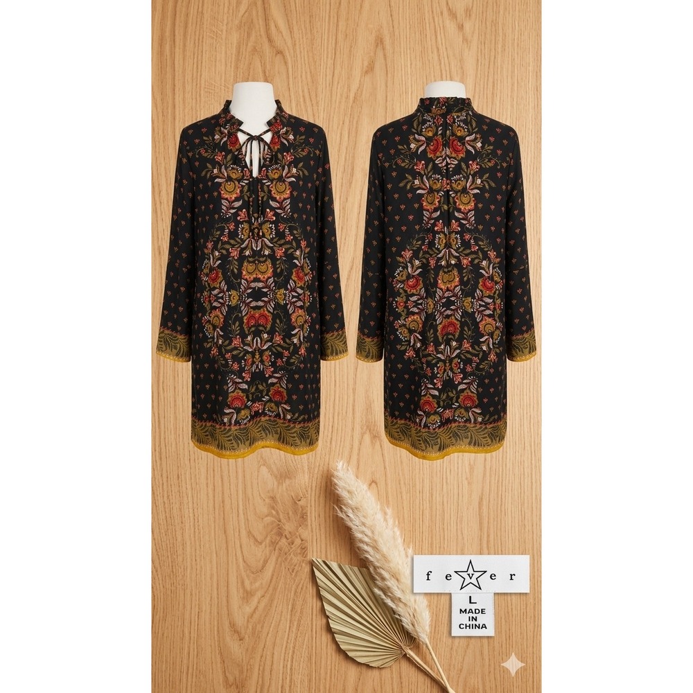 Fever Boho Floral Paisley Medallion Shift Dress Black Long Sleeve Tie Neck Large